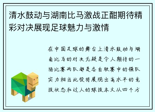 清水鼓动与湖南比马激战正酣期待精彩对决展现足球魅力与激情
